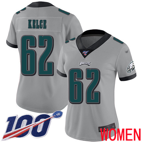 Women Philadelphia Eagles #62 Jason Kelce Limited Silver Inverted Legend NFL Jersey 100th Season Football->women nfl jersey->Women Jersey